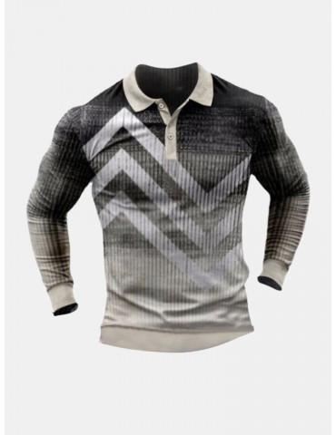 Men Geometric Print Ombre Long Sleeve Button Casual Polos Shirts