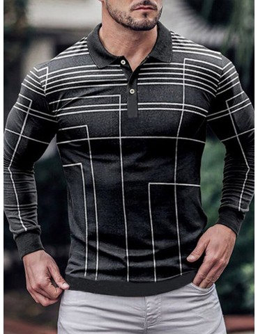 Men Line Print Long Sleeve Business Casual Polos Shirts