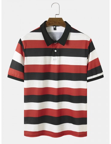 Men Striped Print Polos Collar Buttons Short Sleeve Casual Polos Shirts