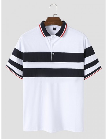 Men Striped Spliced Front Button Short Sleeve Business Polos Shirts