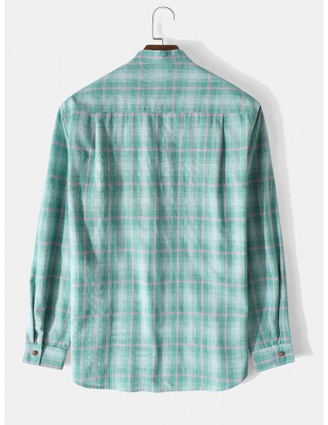 Mens 100% Cotton Plaid Stand Collar Long Sleeve Henley Shirts