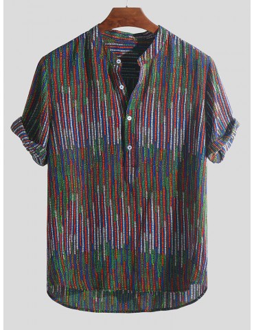 Mens Ethnic Style Printed Colorful Stripe Loose T-shirts Stand Collar Henley Shirts