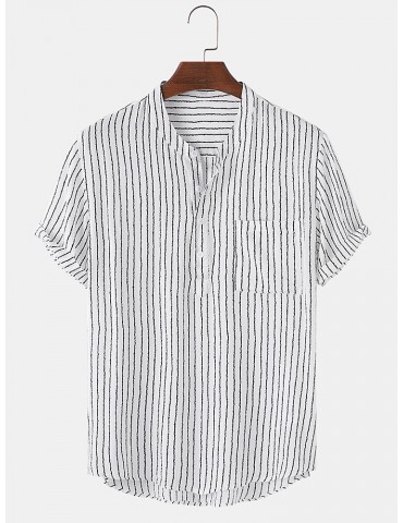 Mens Pinstripe Stand Collar Casual Short Sleeve Henley Shirts With Pocket