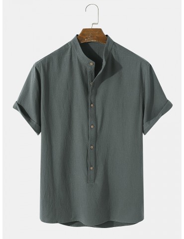 Mens Plain Basic Style Solid 100% Cotton Short Sleeve Henley Shirt