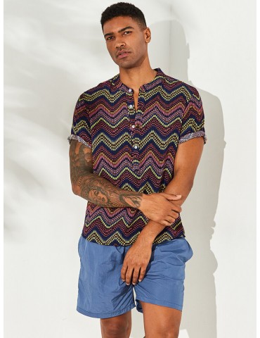 Mens Weave Striped Printed Chevron Stand Collar Short Sleeve Loose Henley Shirts