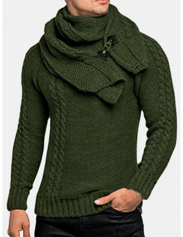 Mens Warm Solid Color Round Neck Long Sleeve Knitted Sweaters With Scarf